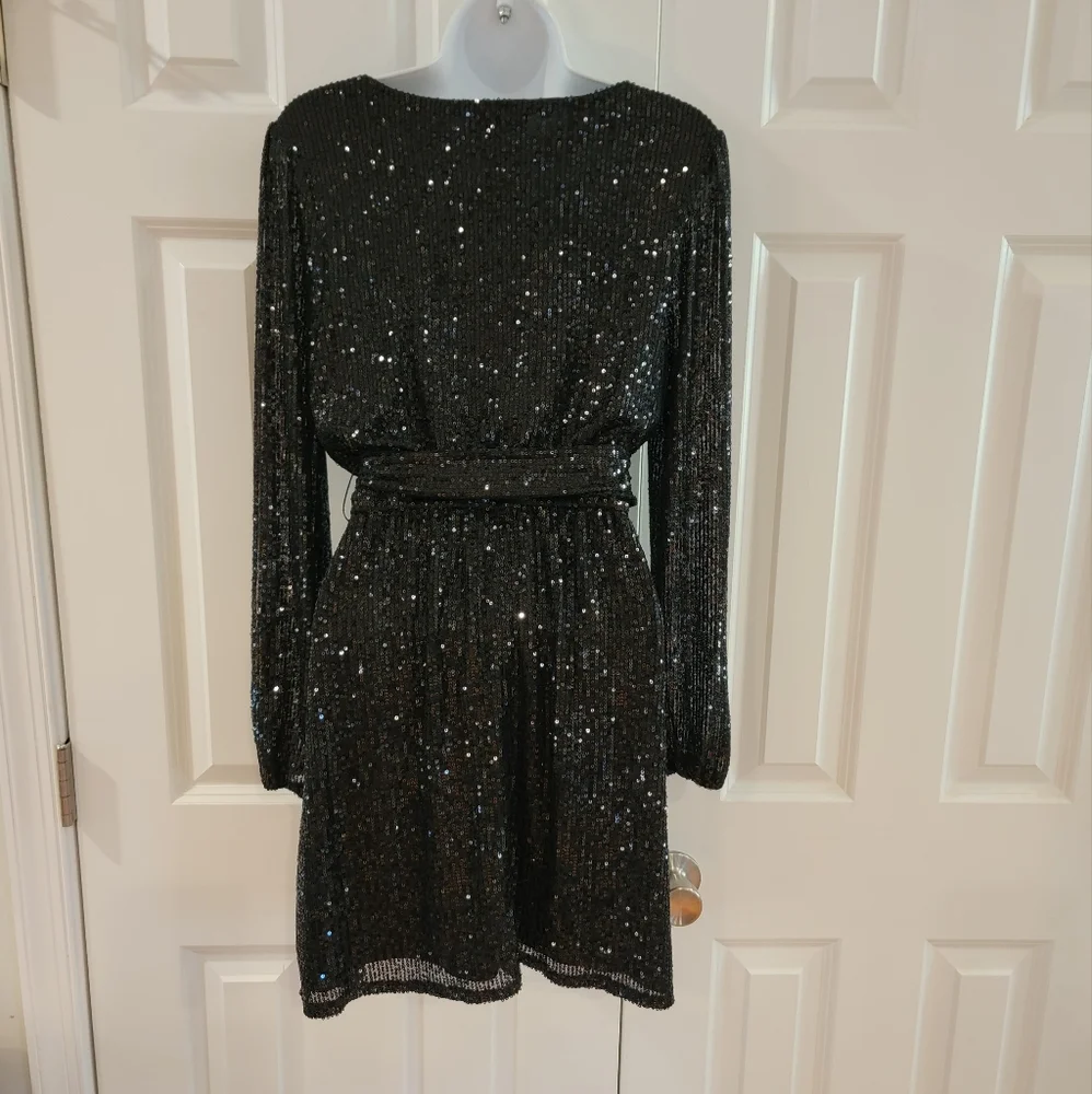 Crystal Sky Black Sparkle Long‎ Sleeve Mini Dress Size Medium NWT - Picture 2 of 10